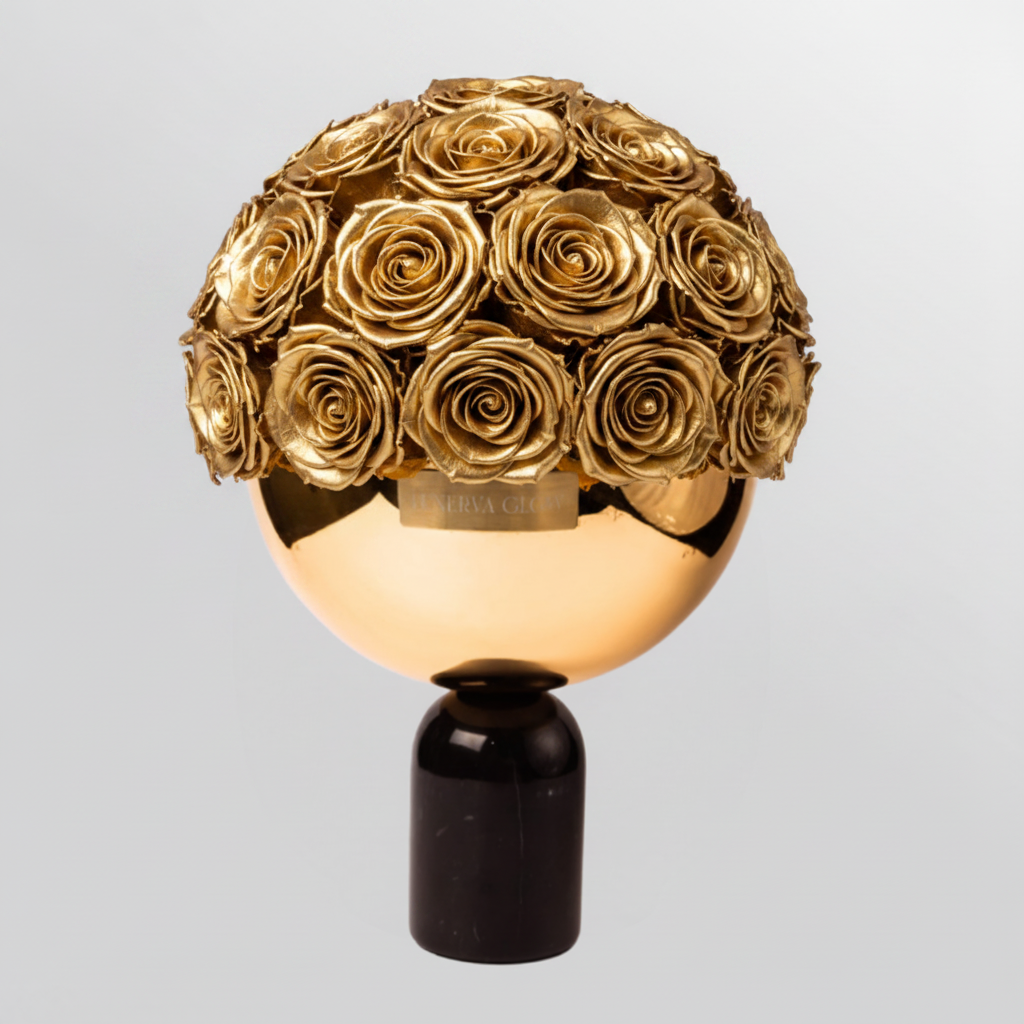 Schwarze Marmor Bowl Vase mit konservierten Goldenen Rosen | LUNERVA GLOW