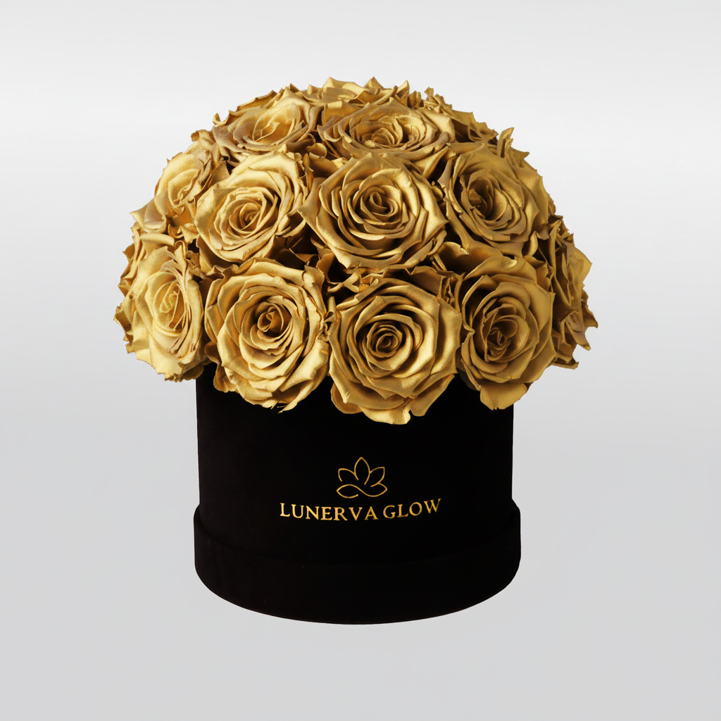 Schwarze Mushroom Infinity Flowerbox mit goldenen haltbaren Rosen | LUNERVA GLOW