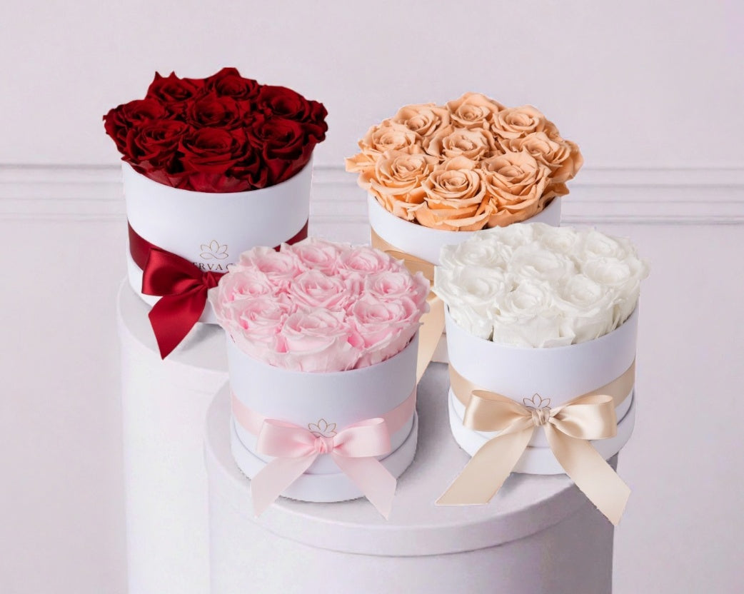 Unsere Kollektion präsentiert rundförmige Samtboxen mit sorgfältig arrangierten echten Infinity Rosen in vielfältigen Farbvariationen