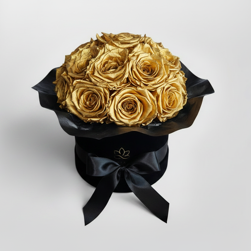 Schwarze Infinity Blumenbox aus samt , Splendid mit goldenen Infinity Rosen | LUNERVA GLOW 