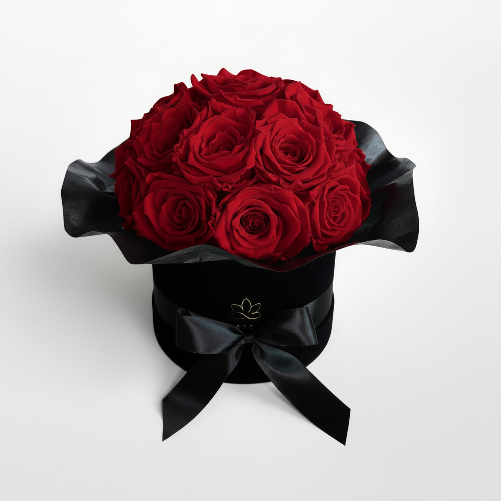 Schwarze Splendid Infinity Flowerbox mit konservierten Royal Red Rosen | LUNERVA GLOW 