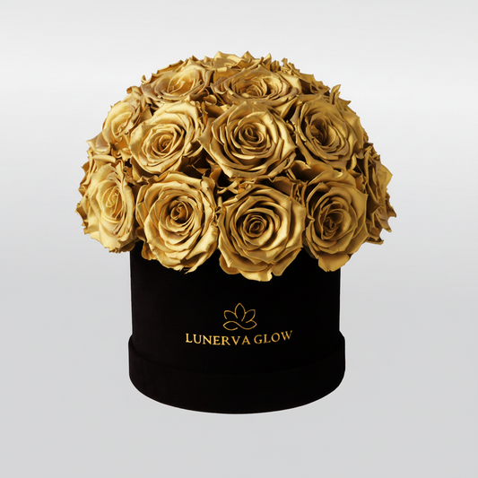 Schwarze Mushroom Infinity Flowerbox mit goldenen haltbaren Rosen | LUNERVA GLOW 