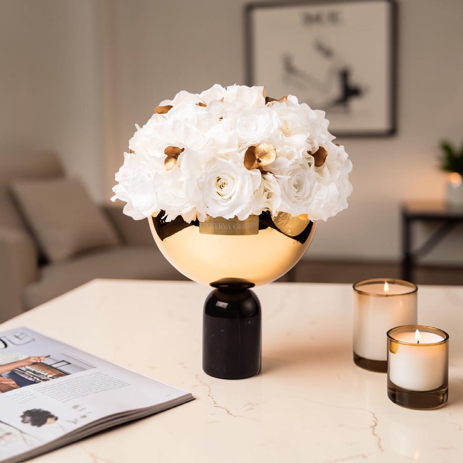 Schwarze Marmor Bowl Vase mit konservierten Blumen Mix. Infinity Rosen und Hortensien Mix | LUNERVA GLOW 