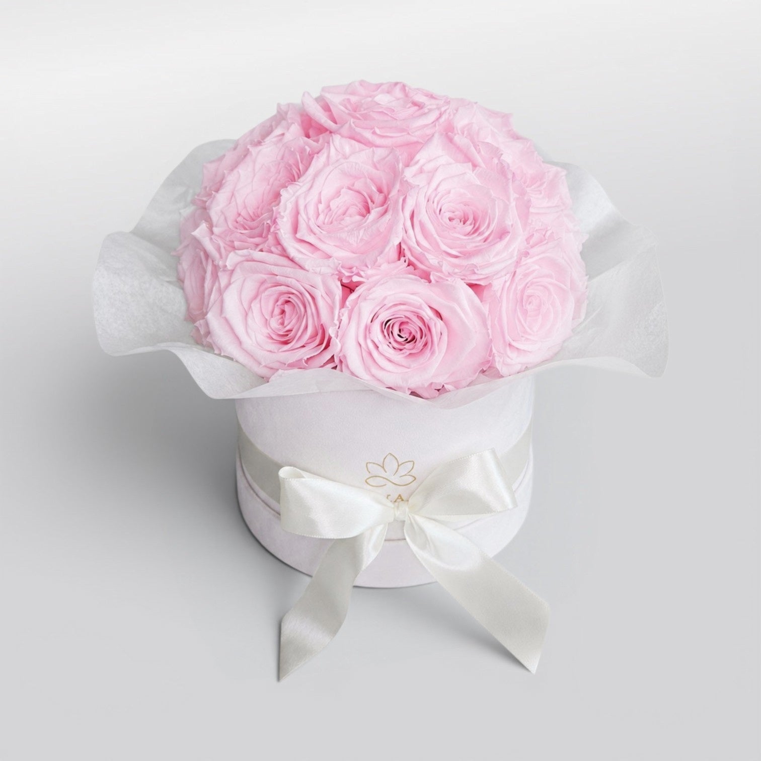 Weisse splendid Infinity Blumenbox mit Bridalpink konservierten Rosen | LUNERVA GLOW 